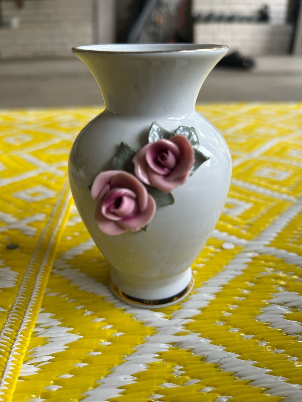 White Ceramic Vase with Pink Rose Appliqués